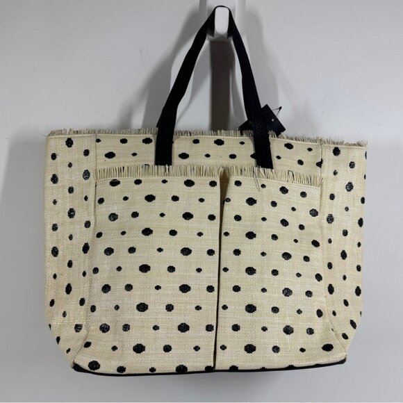 Boho Stylish Polka Dot Tote Bag Cream Black Raffia Straw Summer Beach Bag - Picture 2 of 16